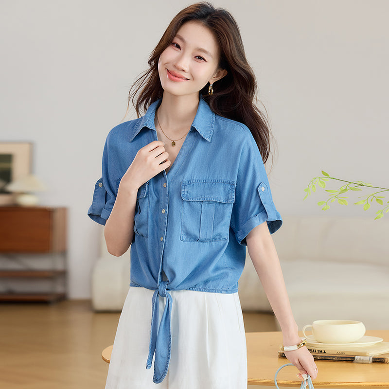 Short Sleeve Tie-Front Denim Shirt with Flap Pockets