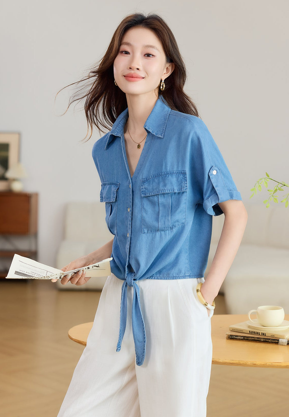 Short Sleeve Tie-Front Denim Shirt with Flap Pockets