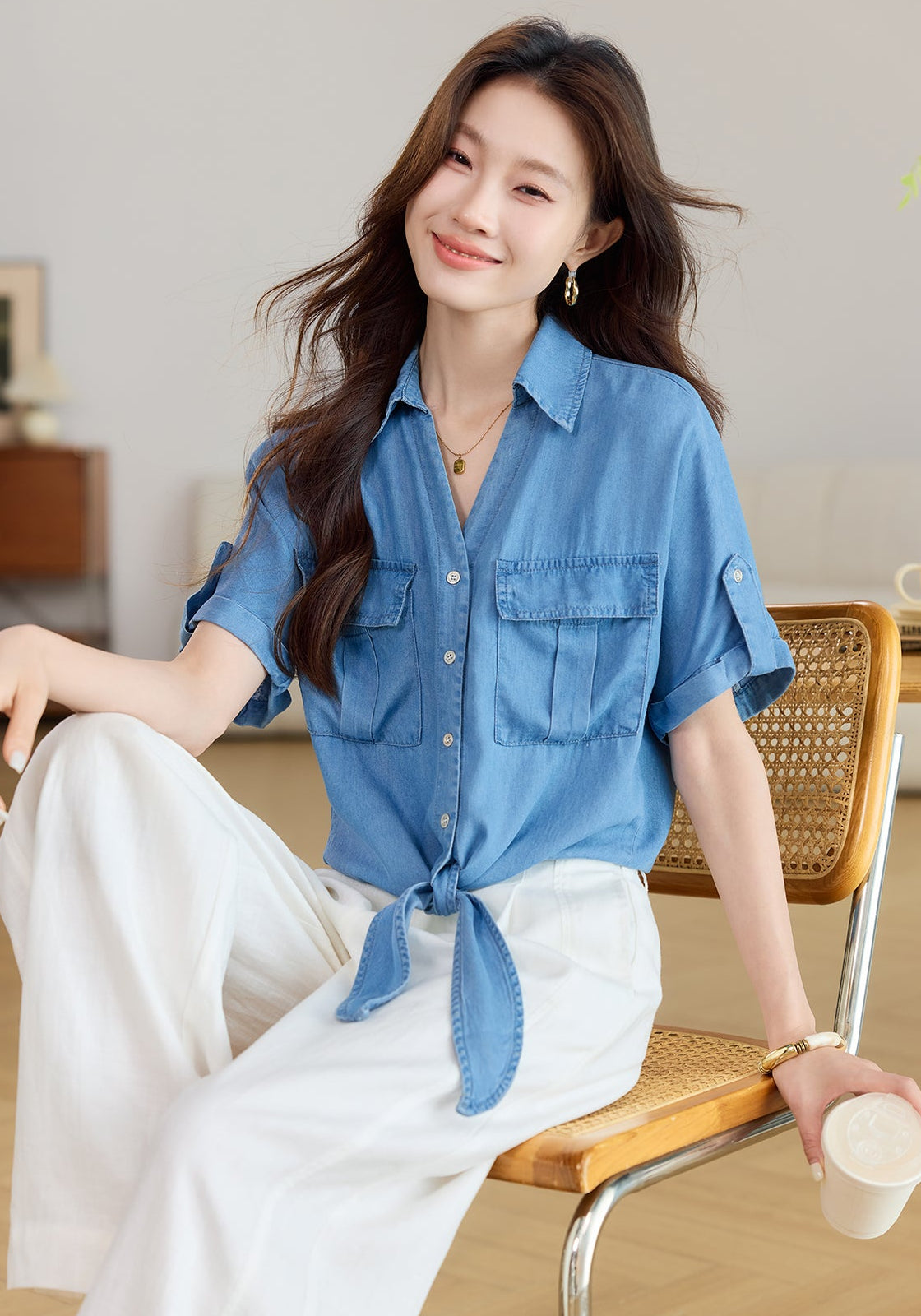 Short Sleeve Tie-Front Denim Shirt with Flap Pockets