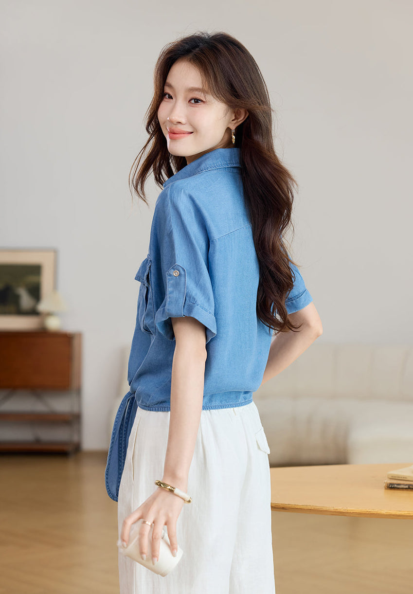 Short Sleeve Tie-Front Denim Shirt with Flap Pockets