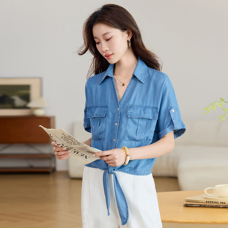 Short Sleeve Tie-Front Denim Shirt with Flap Pockets