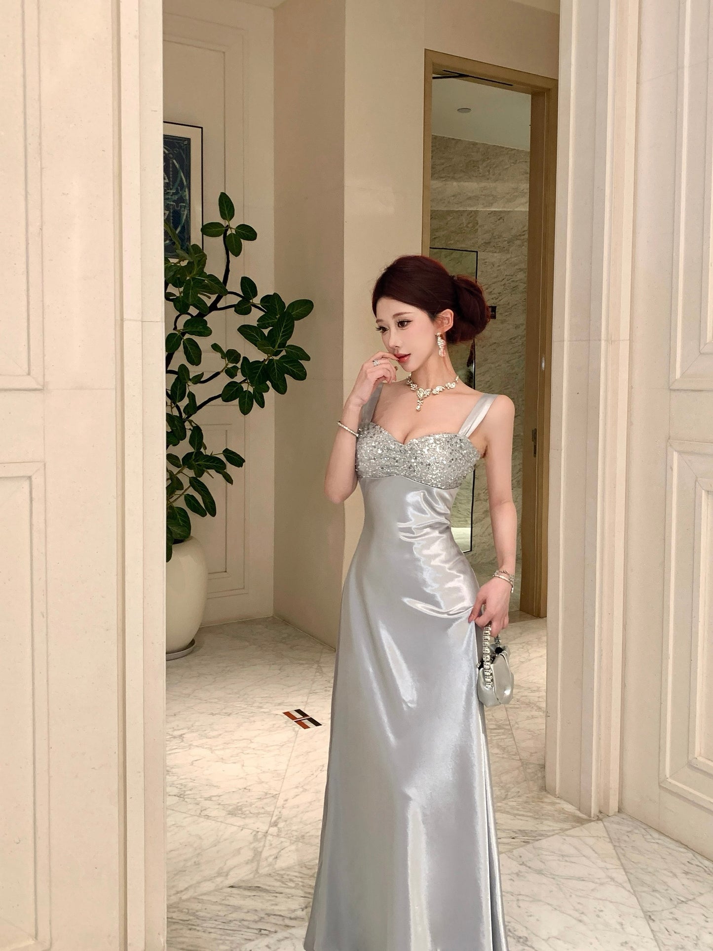 Silver Satin Evening Gown with Sequin Embellished Bust