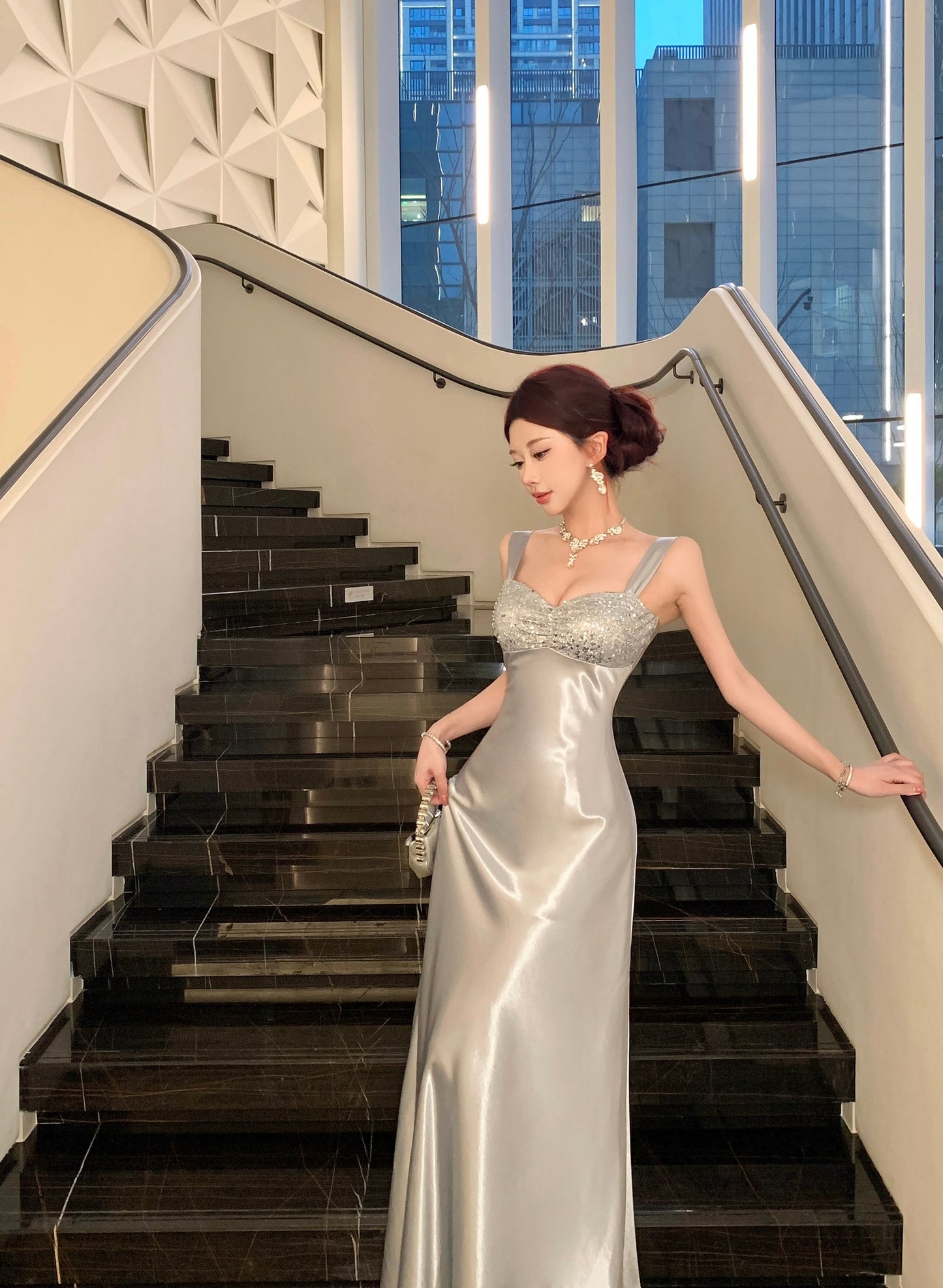 Silver Satin Evening Gown with Sequin Embellished Bust