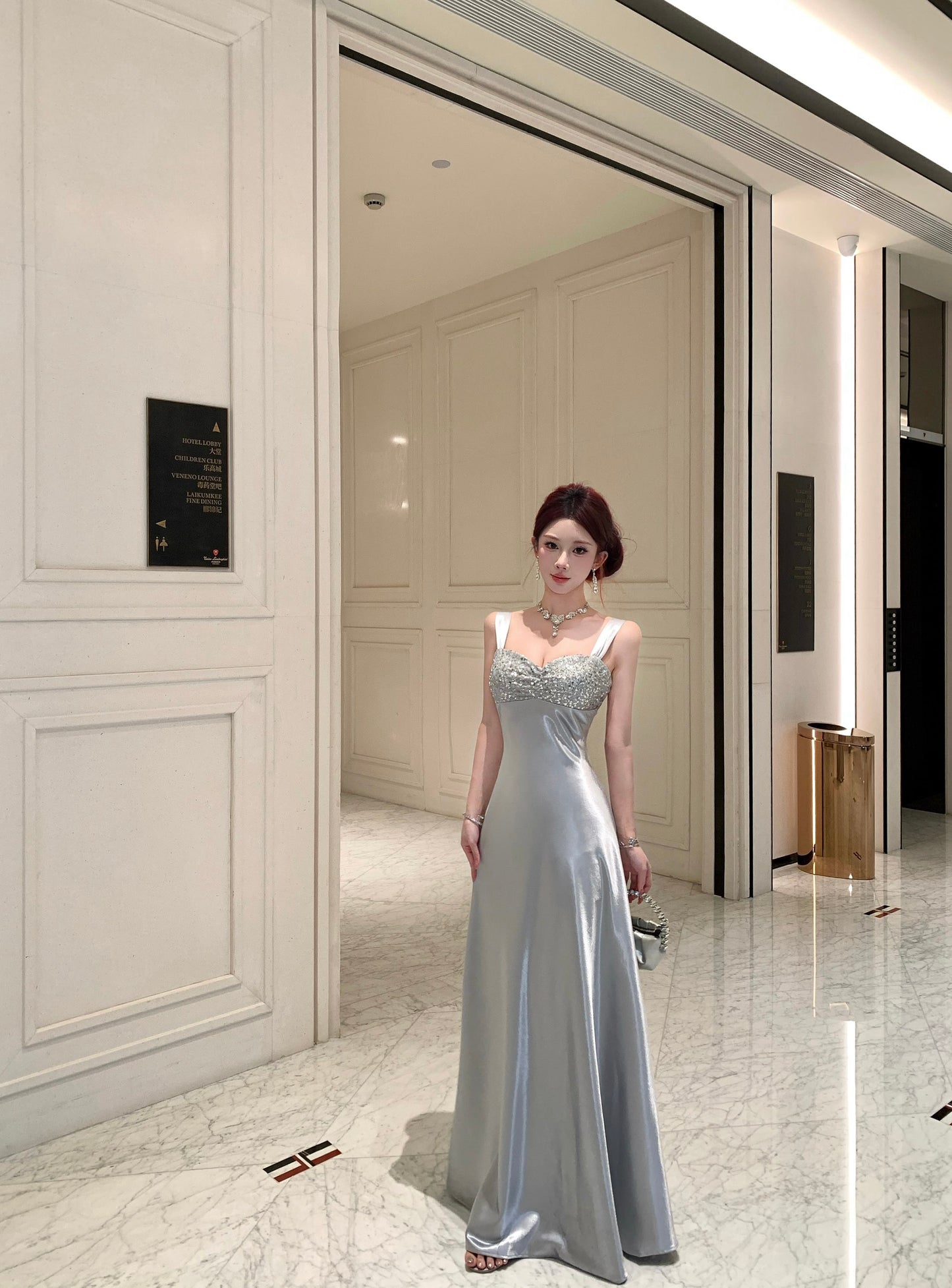 Silver Satin Evening Gown with Sequin Embellished Bust