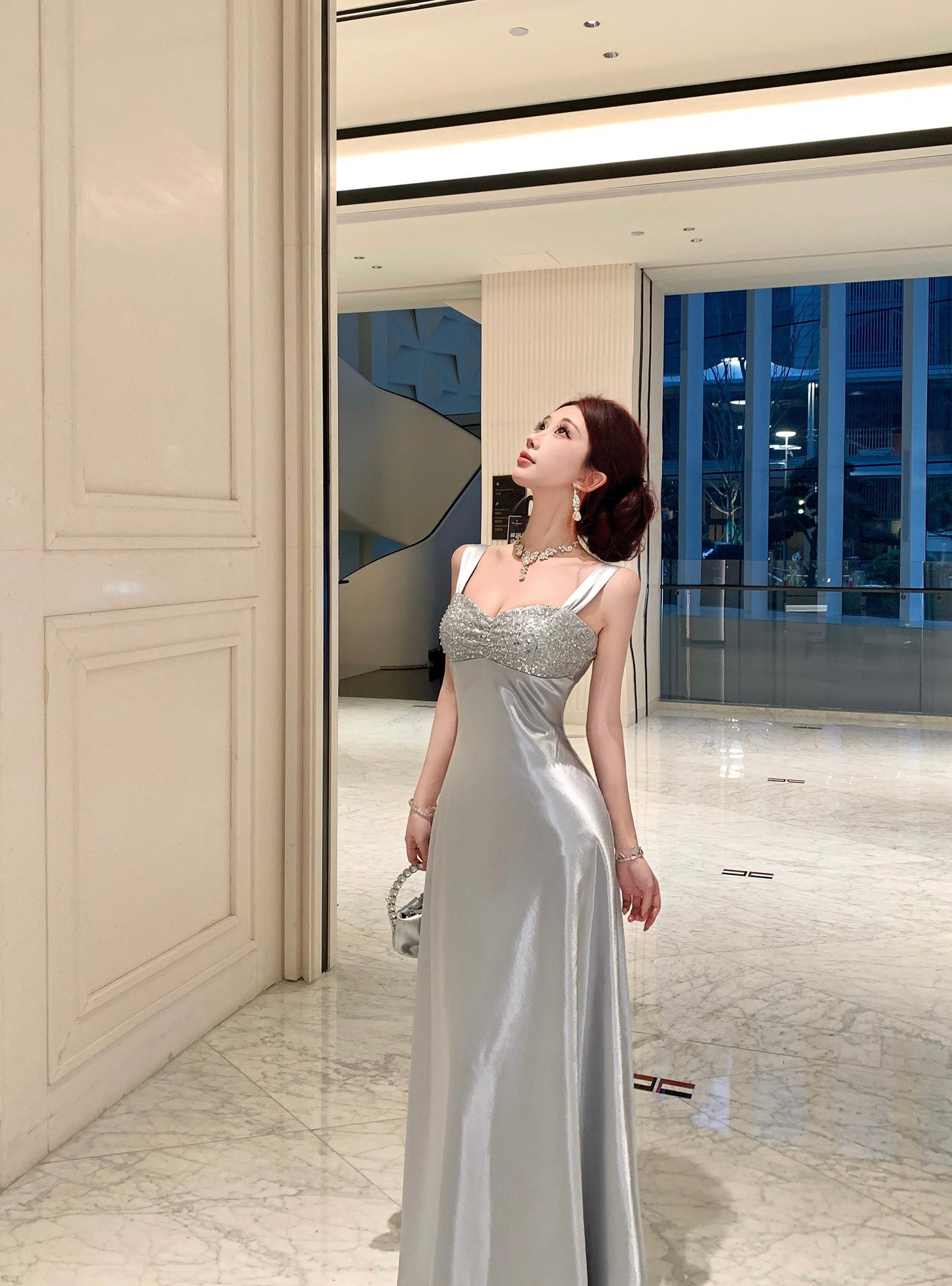 Silver Satin Evening Gown with Sequin Embellished Bust