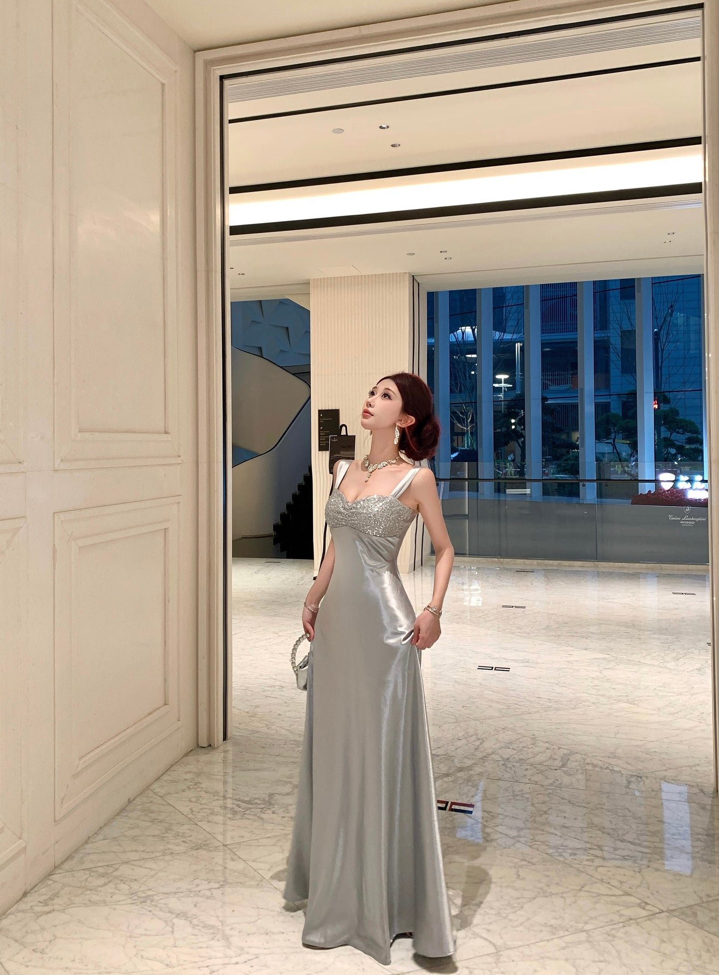 Silver Satin Evening Gown with Sequin Embellished Bust