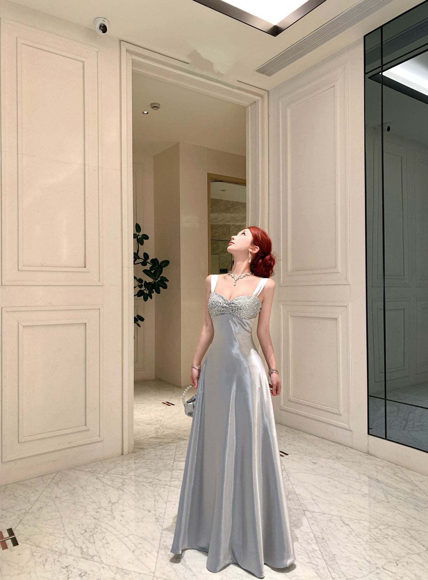Silver Satin Evening Gown with Sequin Embellished Bust