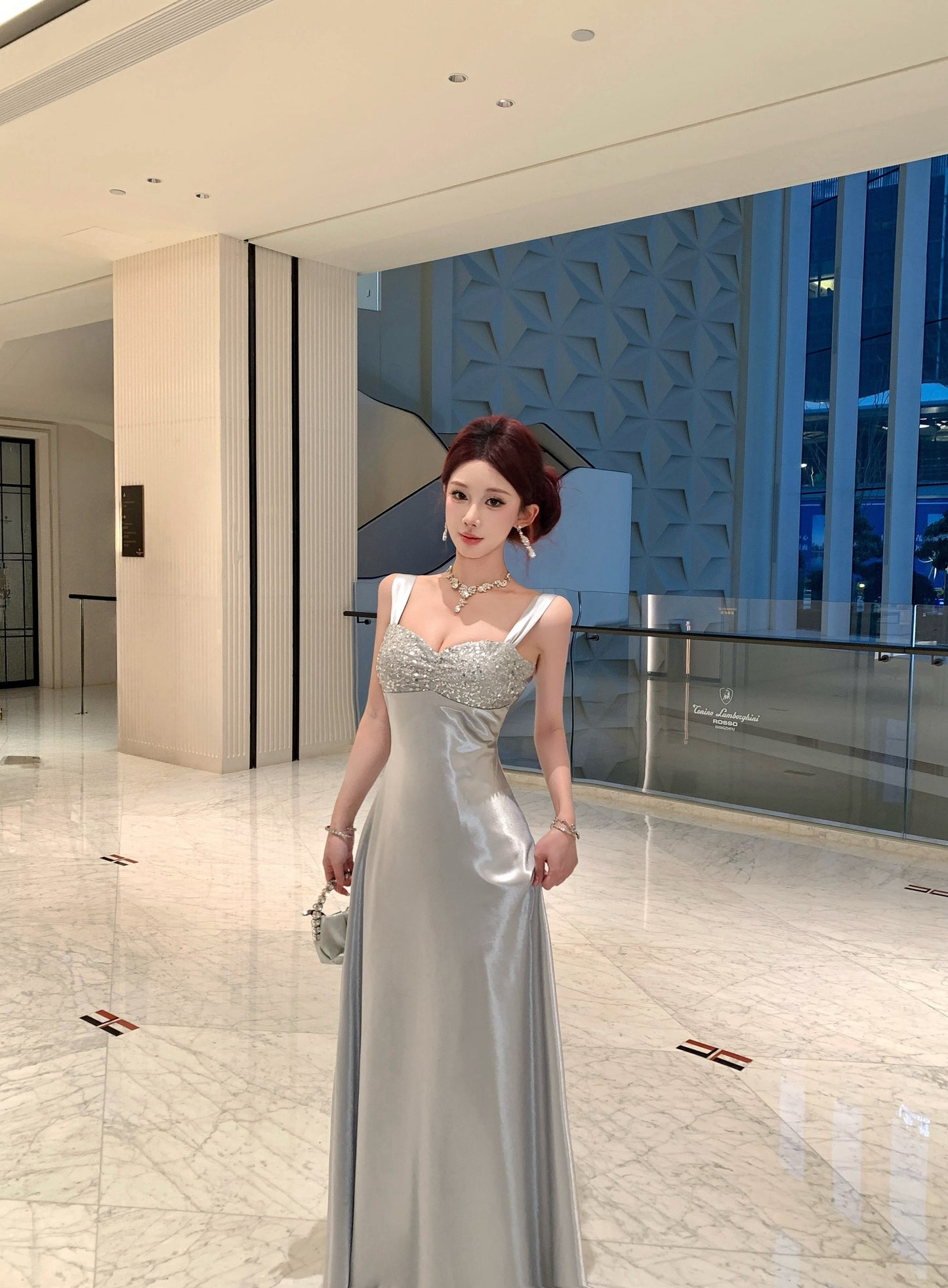 Silver Satin Evening Gown with Sequin Embellished Bust