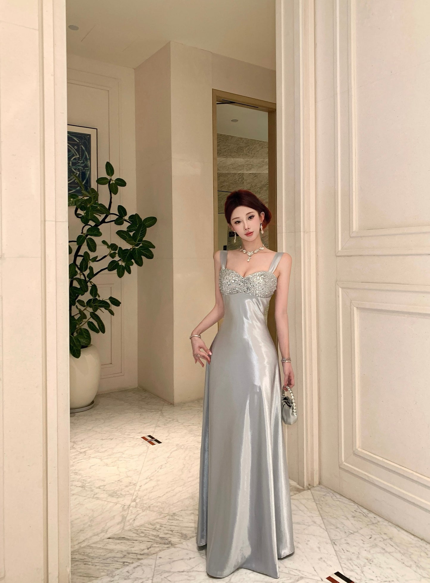Silver Satin Evening Gown with Sequin Embellished Bust