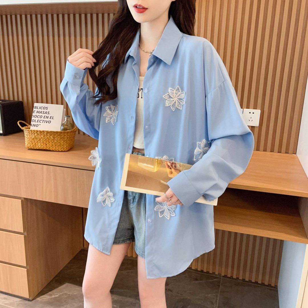 Sky Blue Floral Applique Shirt