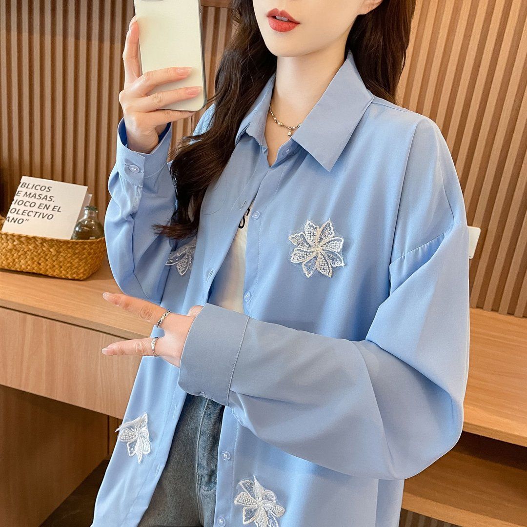 Sky Blue Floral Applique Shirt