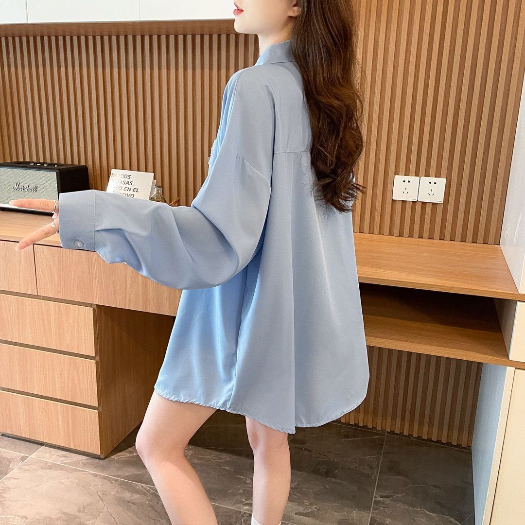Sky Blue Floral Applique Shirt