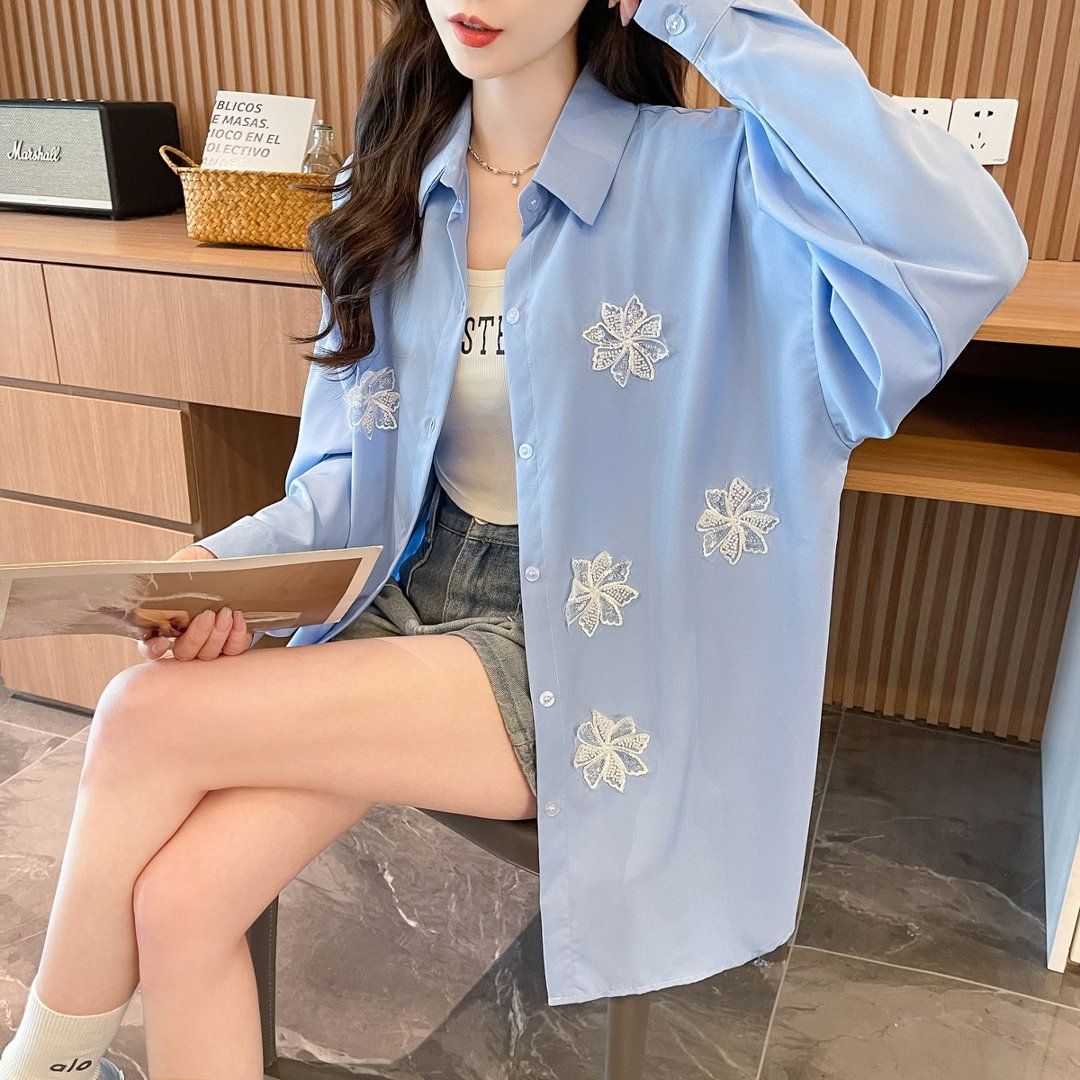Sky Blue Floral Applique Shirt