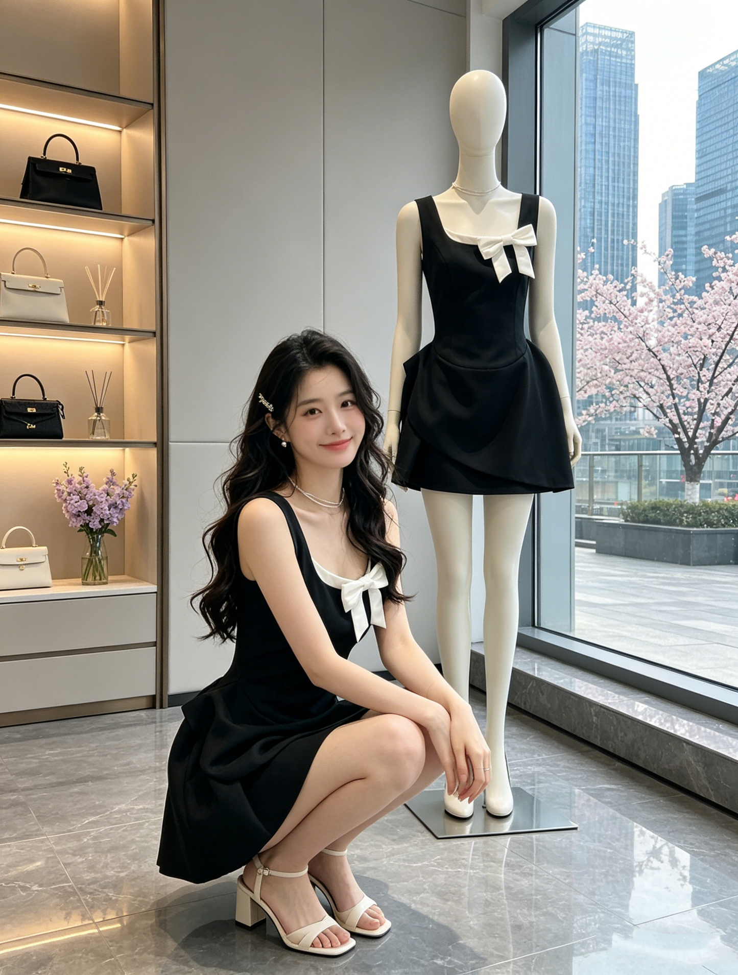 Sleeveless A-Line Mini Dress with White Bow