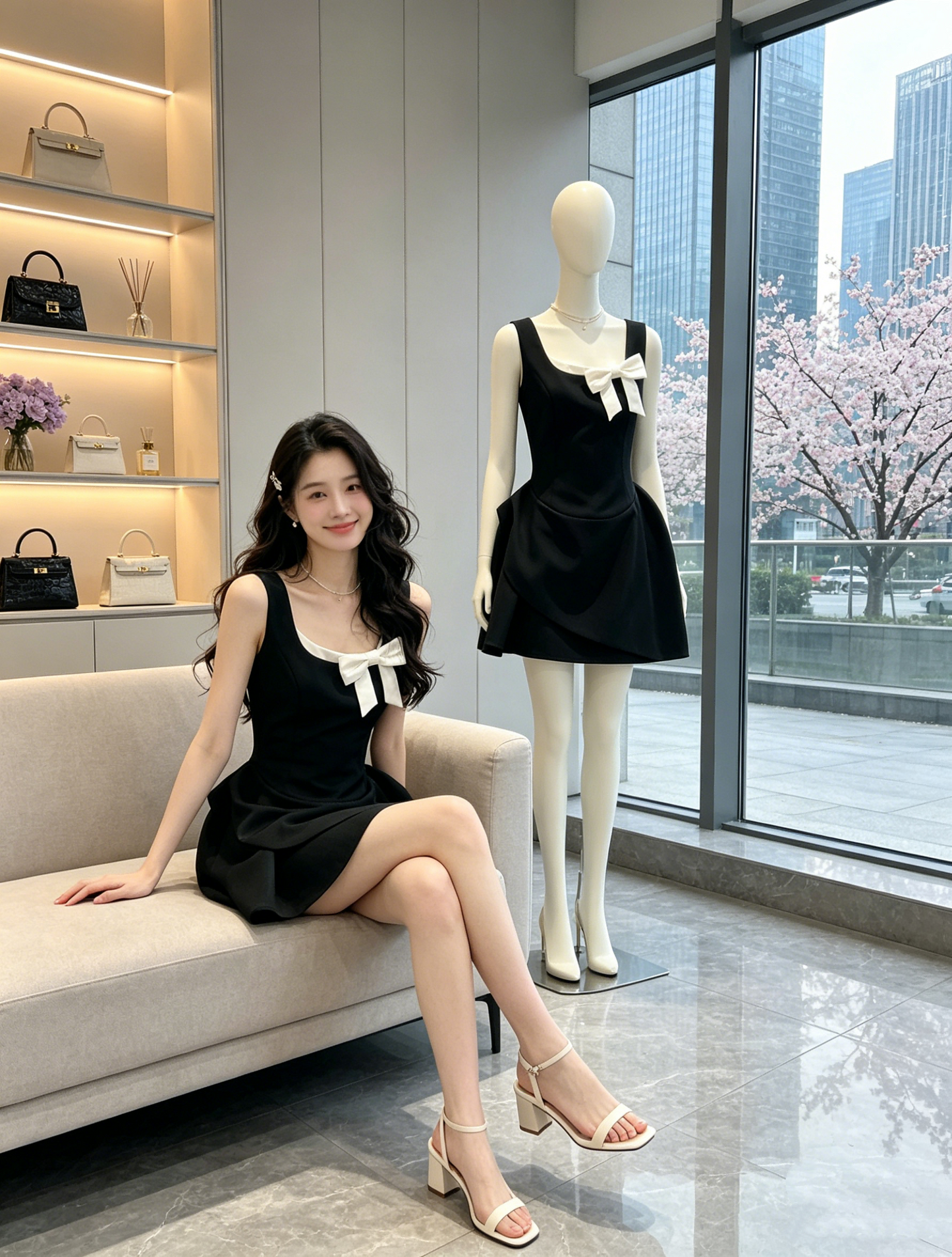 Sleeveless A-Line Mini Dress with White Bow