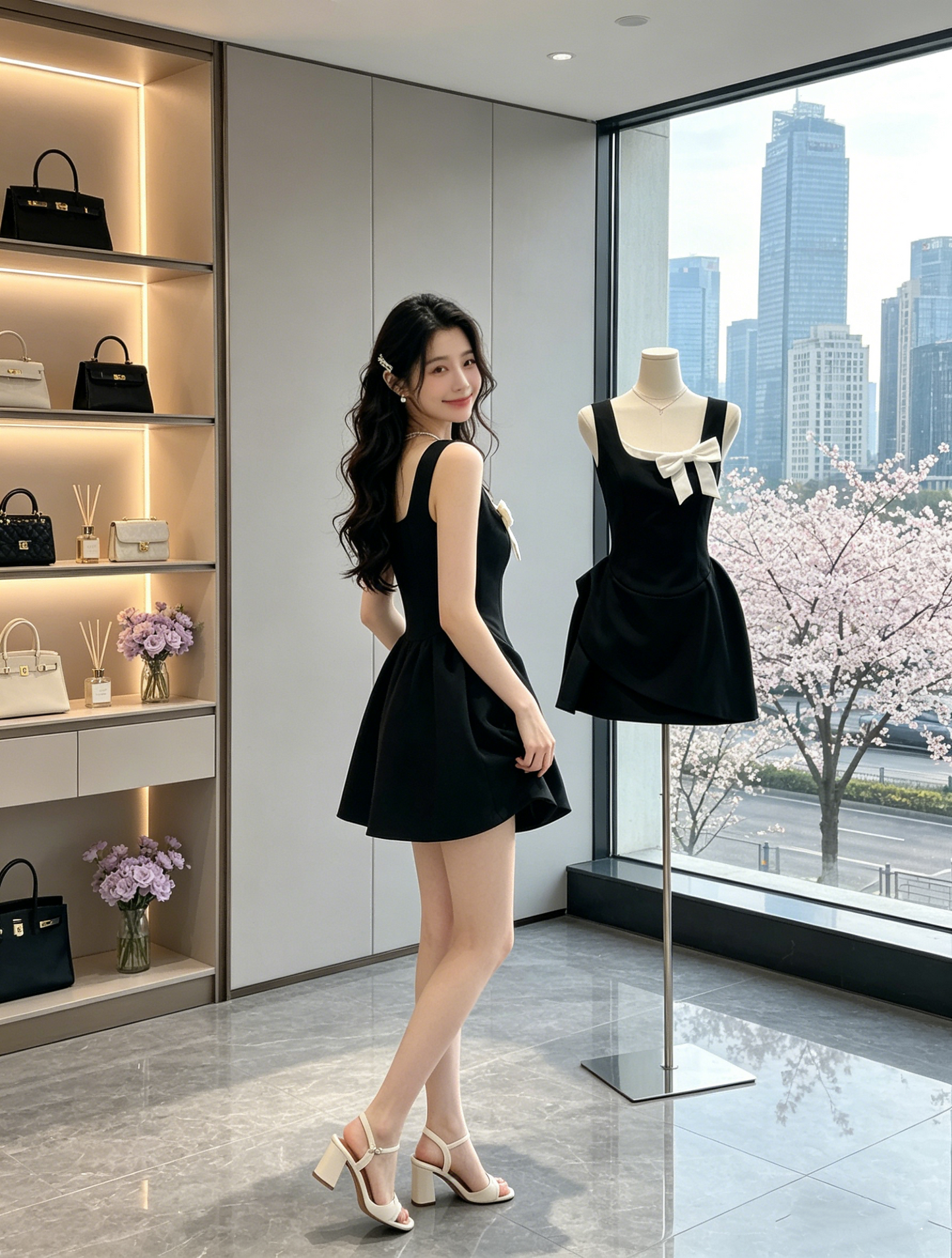 Sleeveless A-Line Mini Dress with White Bow