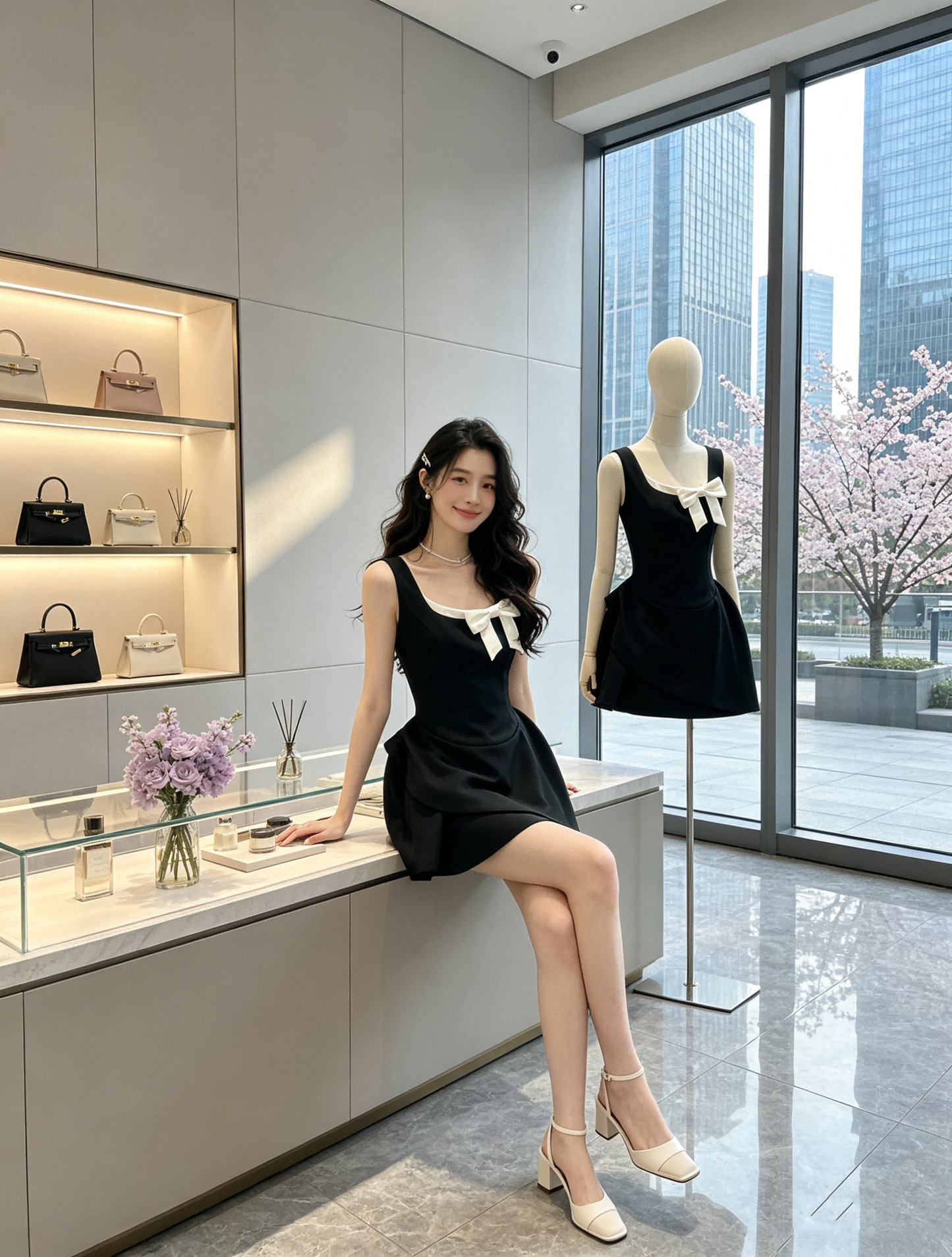 Sleeveless A-Line Mini Dress with White Bow