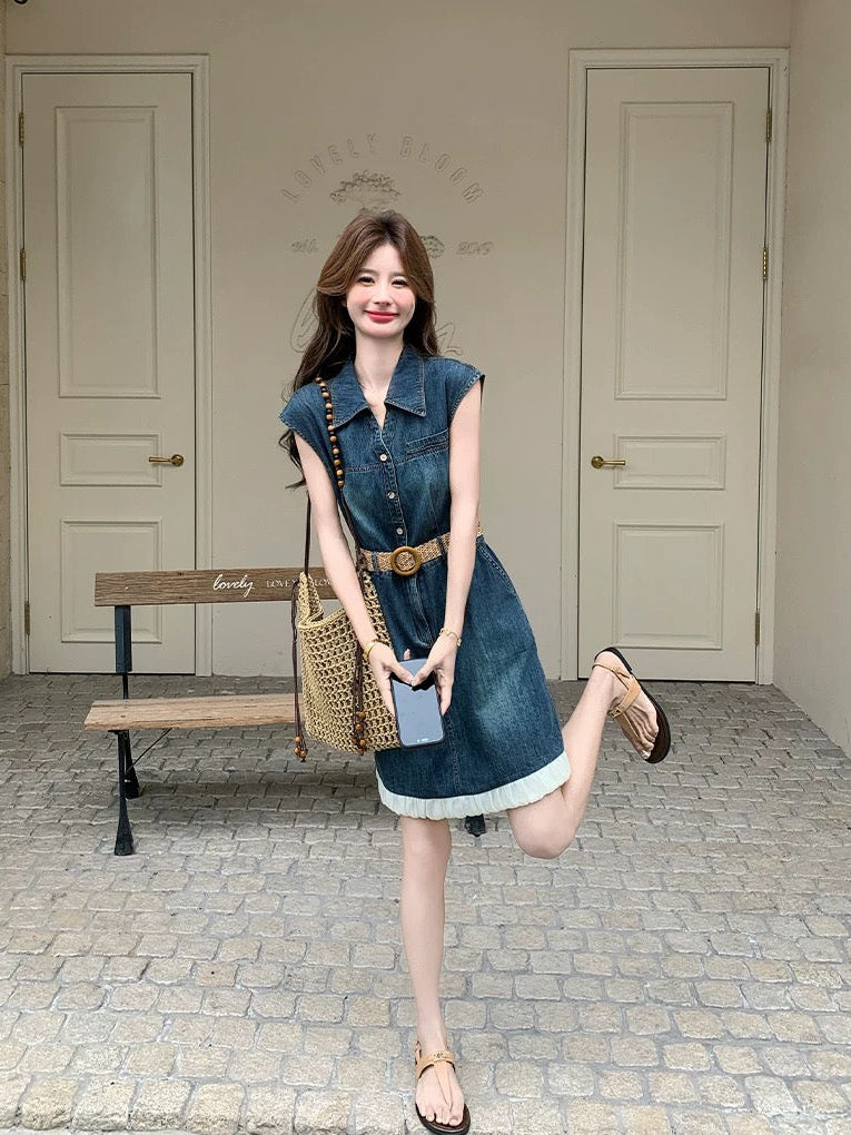 Sleeveless Denim Mini Dress with Straw Belt