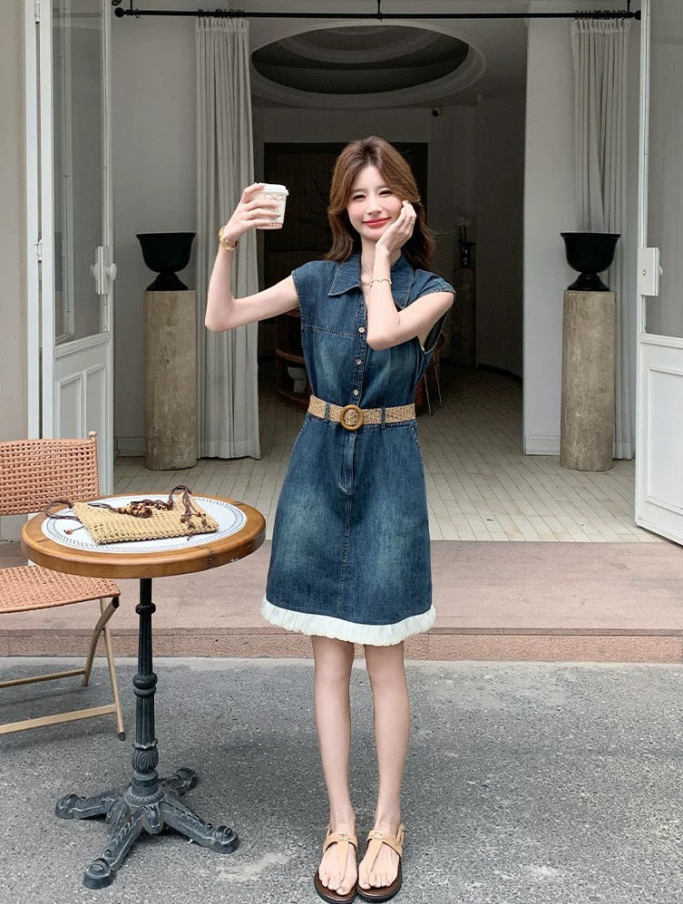 Sleeveless Denim Mini Dress with Straw Belt