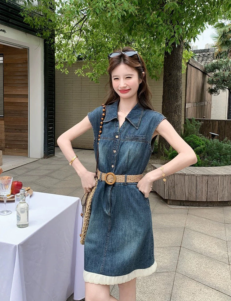 Sleeveless Denim Mini Dress with Straw Belt