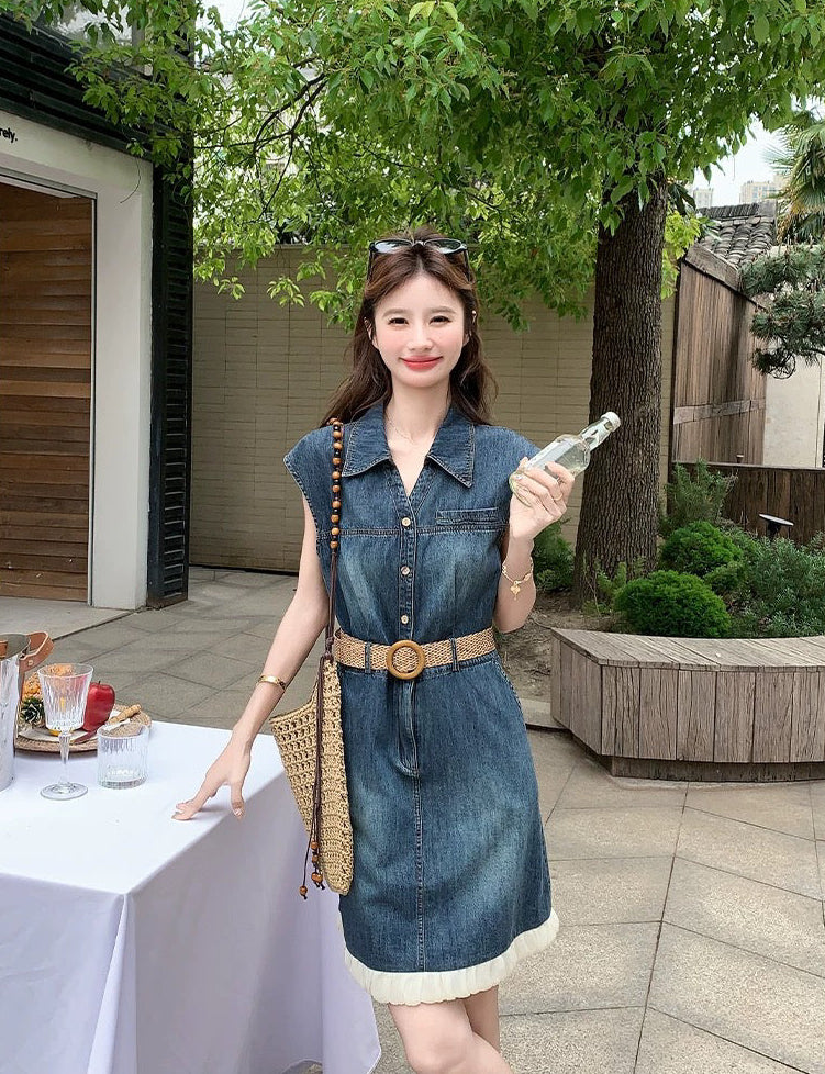 Sleeveless Denim Mini Dress with Straw Belt