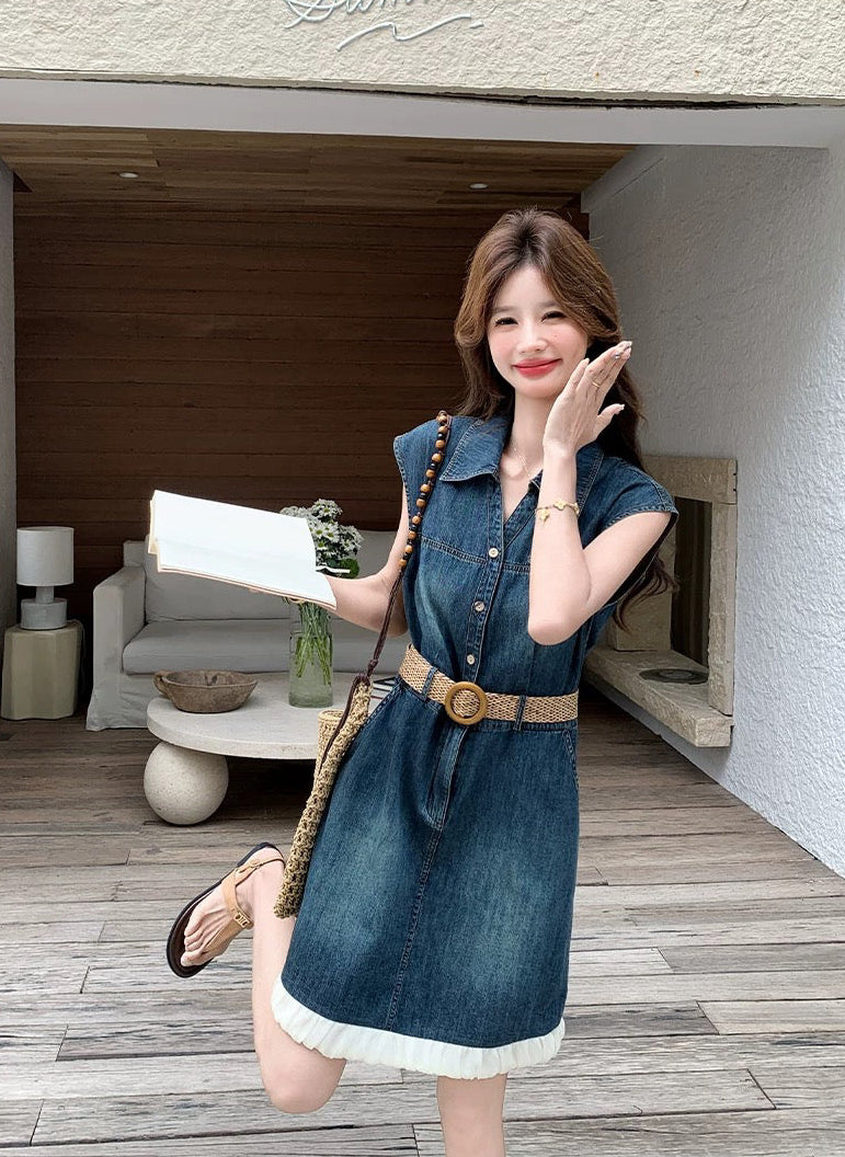 Sleeveless Denim Mini Dress with Straw Belt