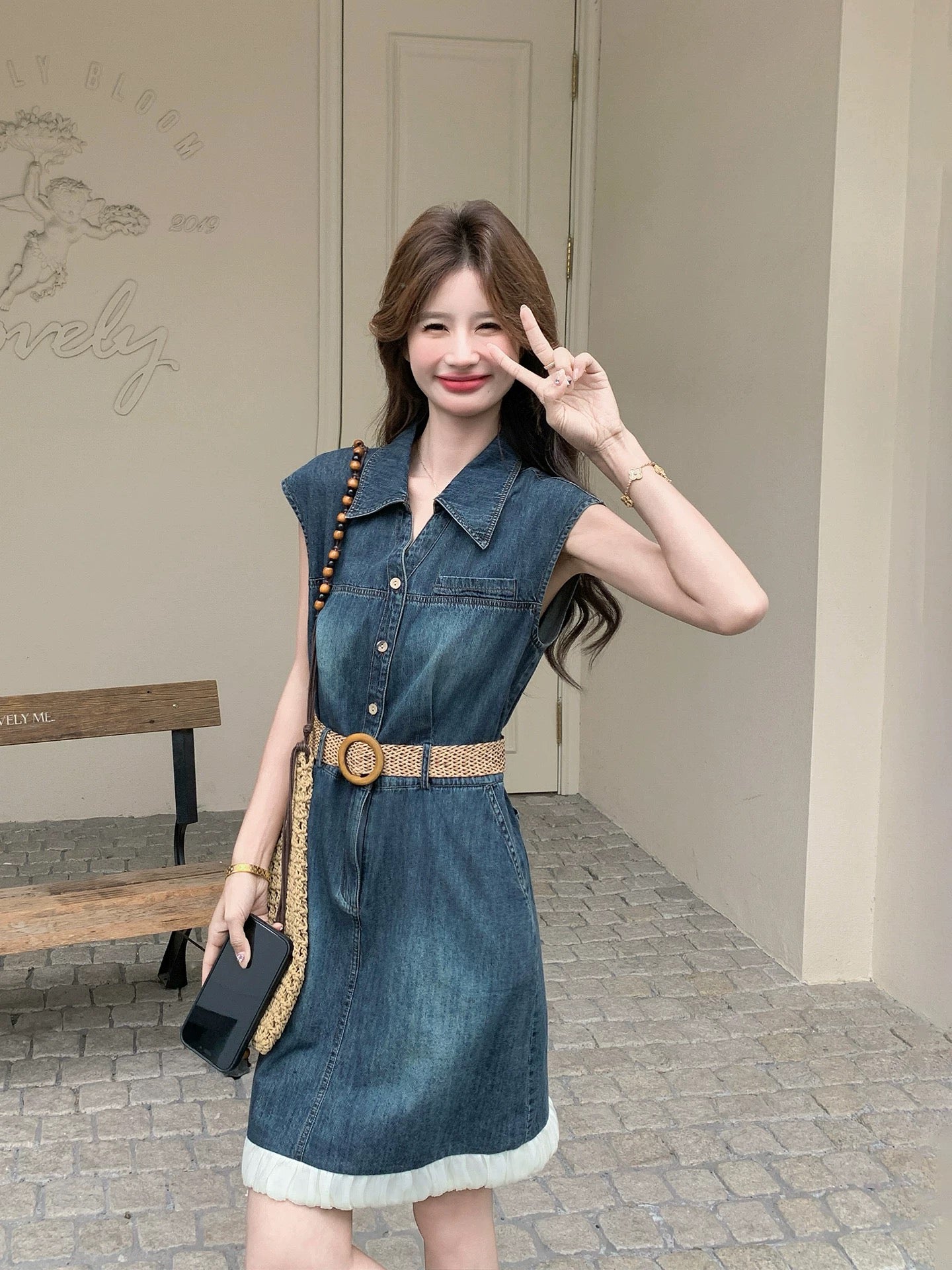 Sleeveless Denim Mini Dress with Straw Belt