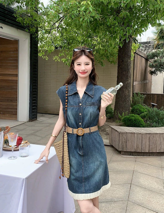 Sleeveless Denim Mini Dress with Straw Belt