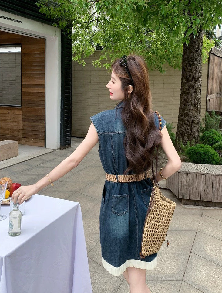 Sleeveless Denim Mini Dress with Straw Belt