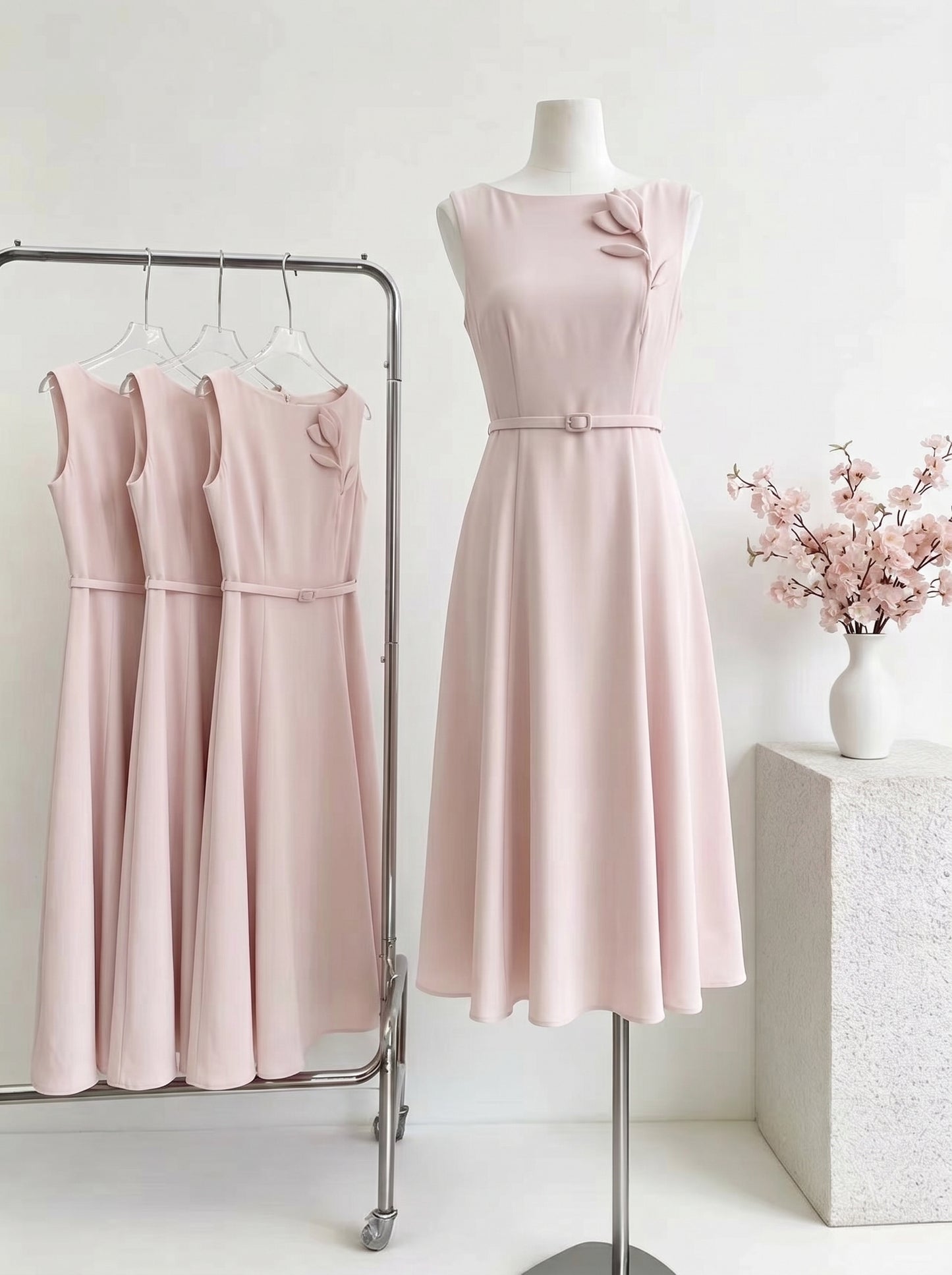 Sleeveless Floral Appliqué A-Line Midi Dress