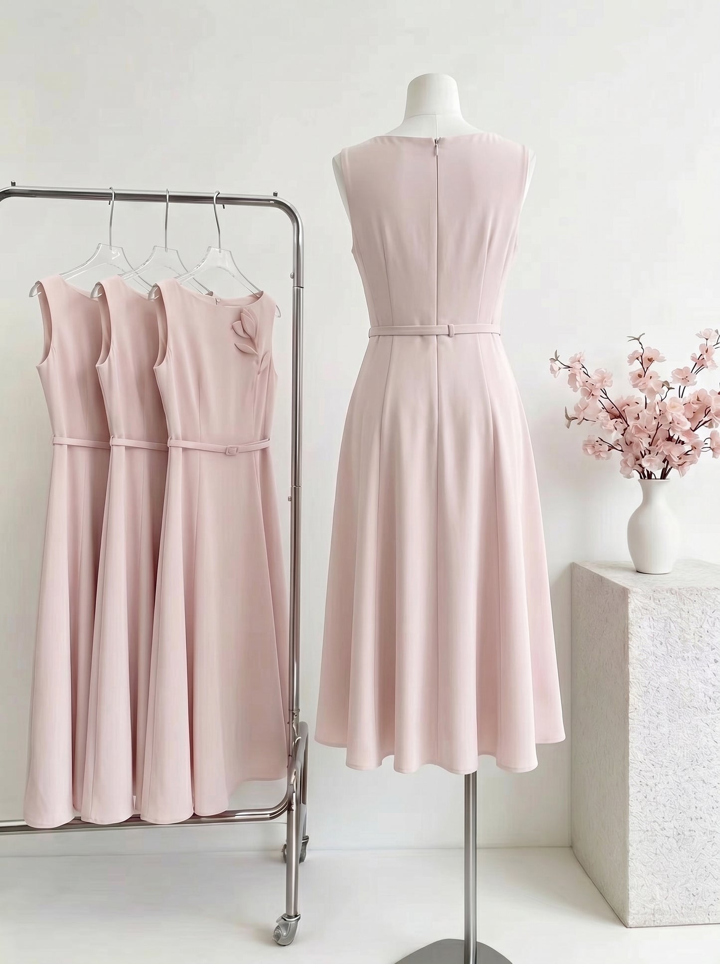 Sleeveless Floral Appliqué A-Line Midi Dress