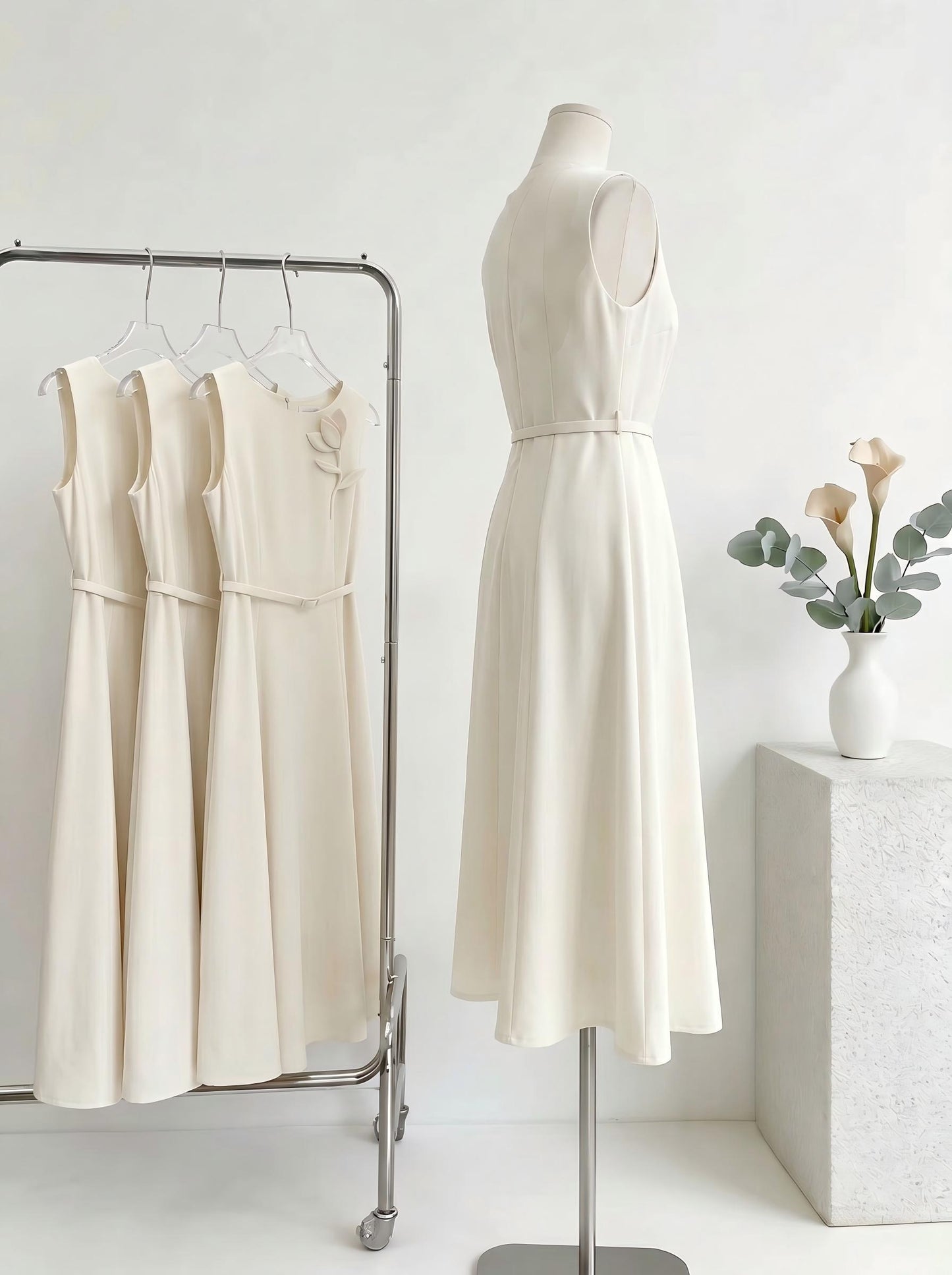 Sleeveless Floral Appliqué A-Line Midi Dress