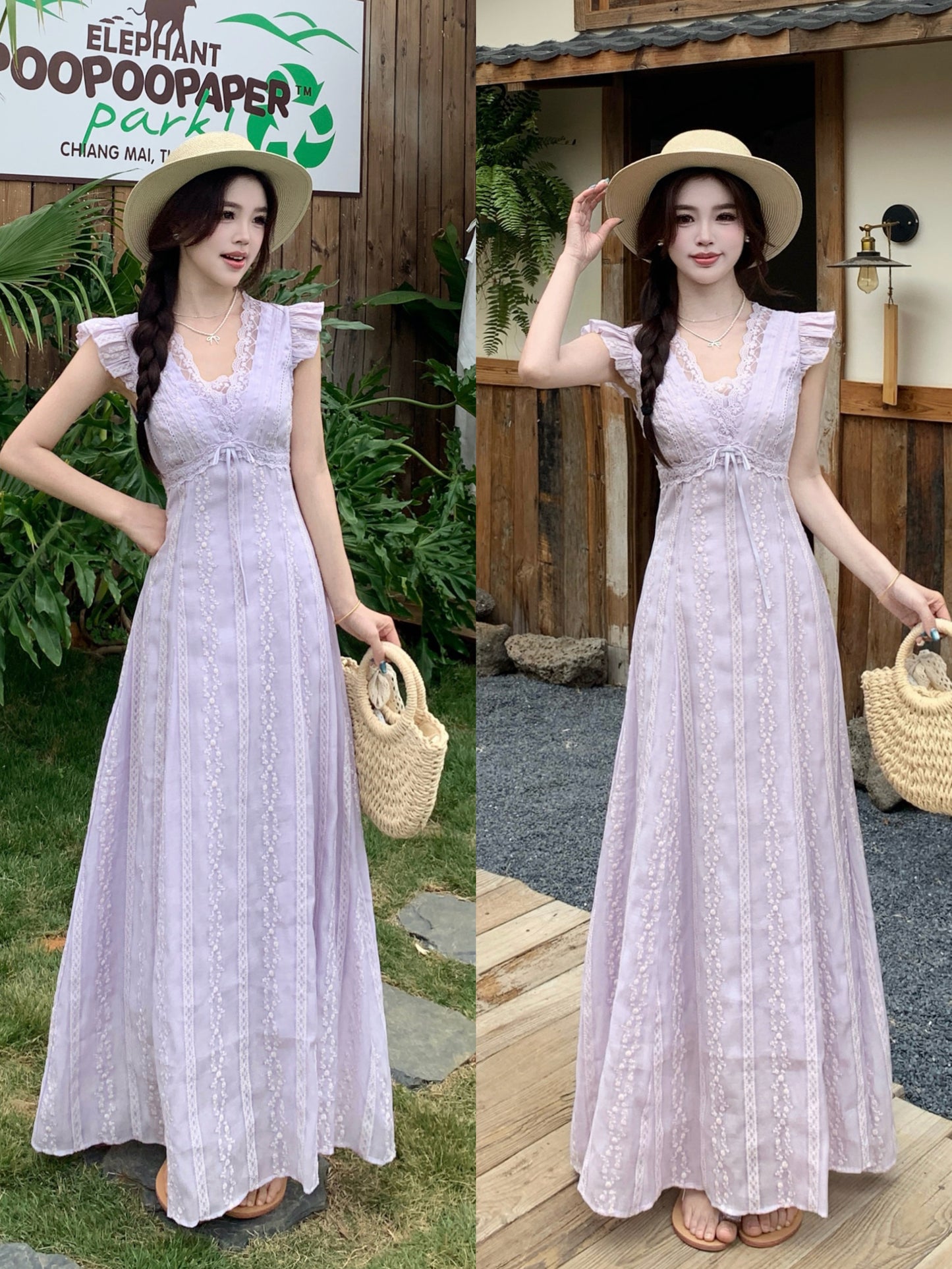 Fairycore Pastle Purple Flutter Sleeveless -Trim Maxi Dress