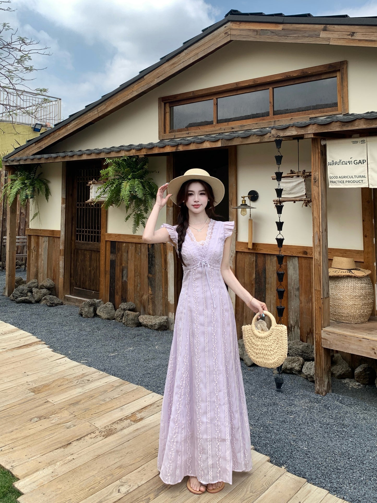 Fairycore Pastle Purple Flutter Sleeveless -Trim Maxi Dress