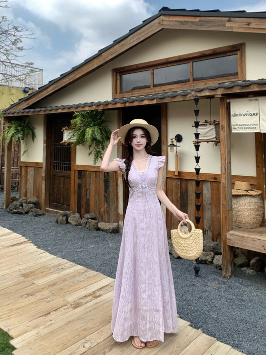 Fairycore Pastle Purple Flutter Sleeveless -Trim Maxi Dress