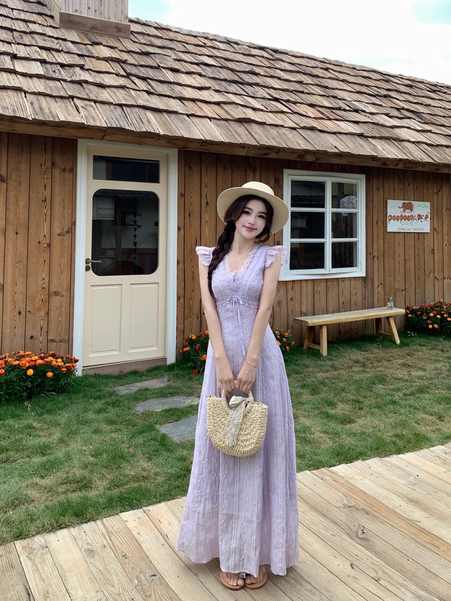 Fairycore Pastle Purple Flutter Sleeveless -Trim Maxi Dress