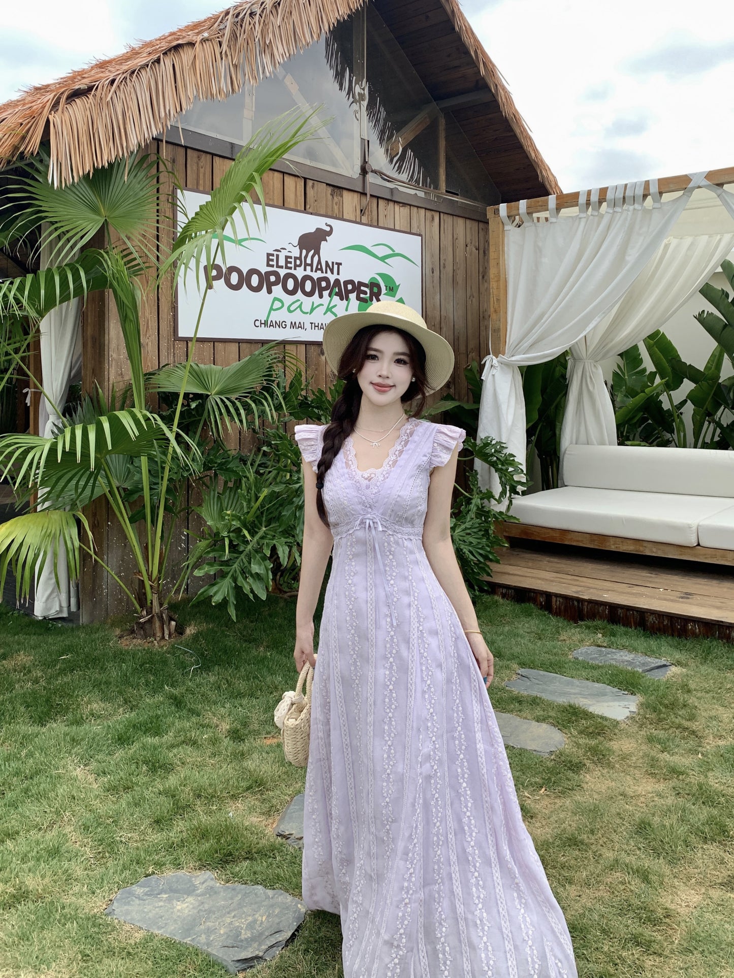 Fairycore Pastle Purple Flutter Sleeveless -Trim Maxi Dress