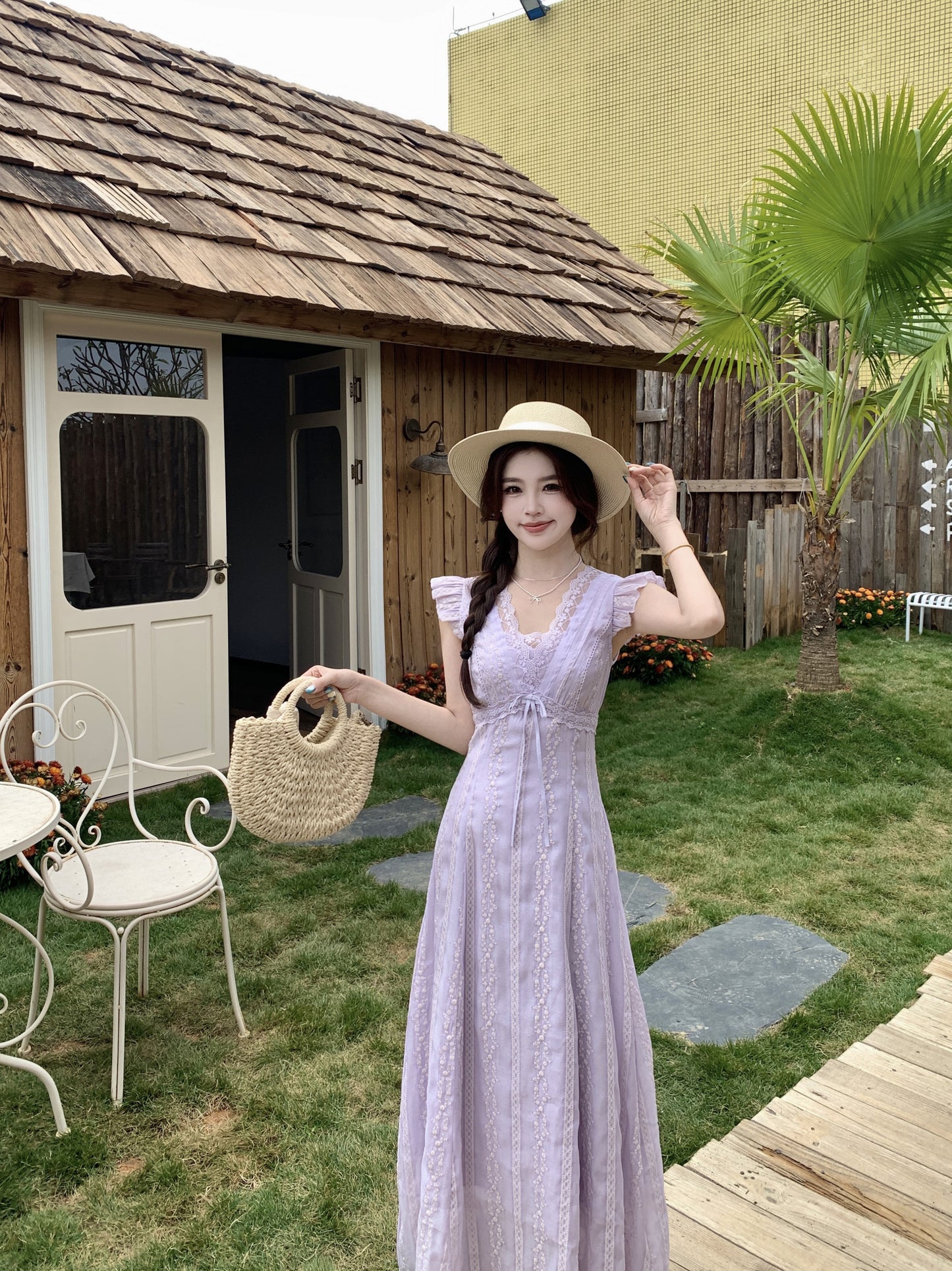 Fairycore Pastle Purple Flutter Sleeveless -Trim Maxi Dress