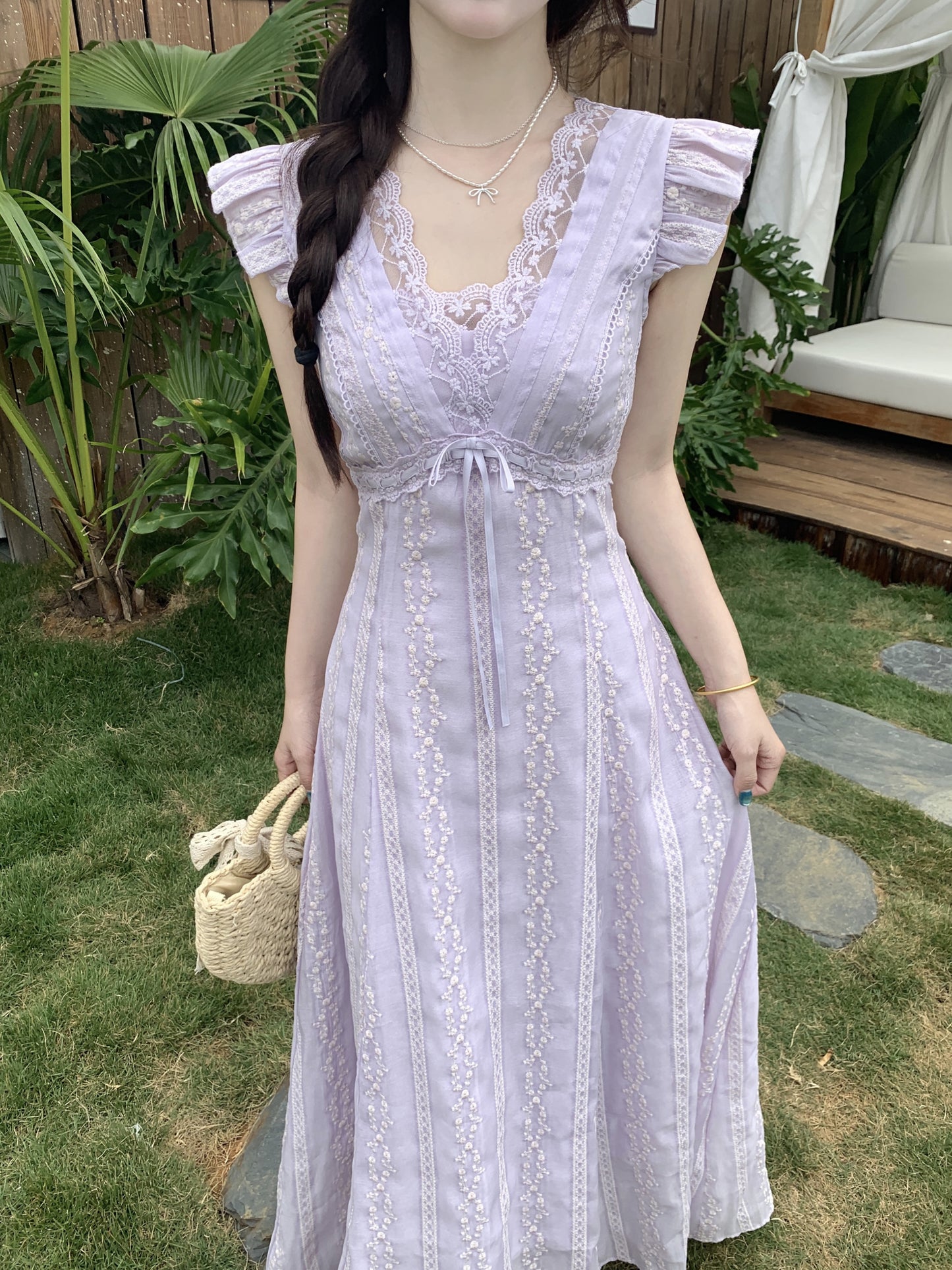 Fairycore Pastle Purple Flutter Sleeveless -Trim Maxi Dress