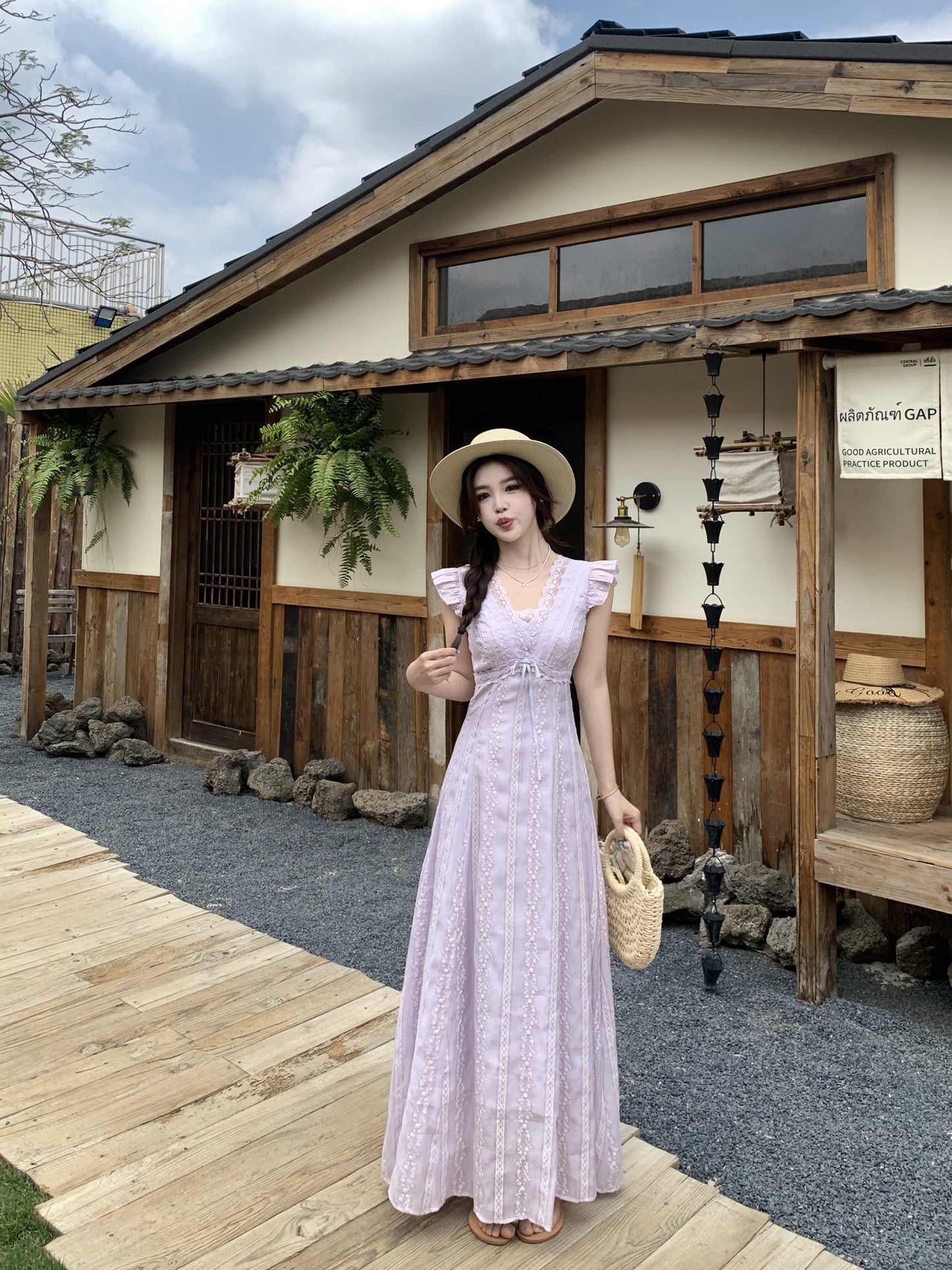Fairycore Pastle Purple Flutter Sleeveless -Trim Maxi Dress