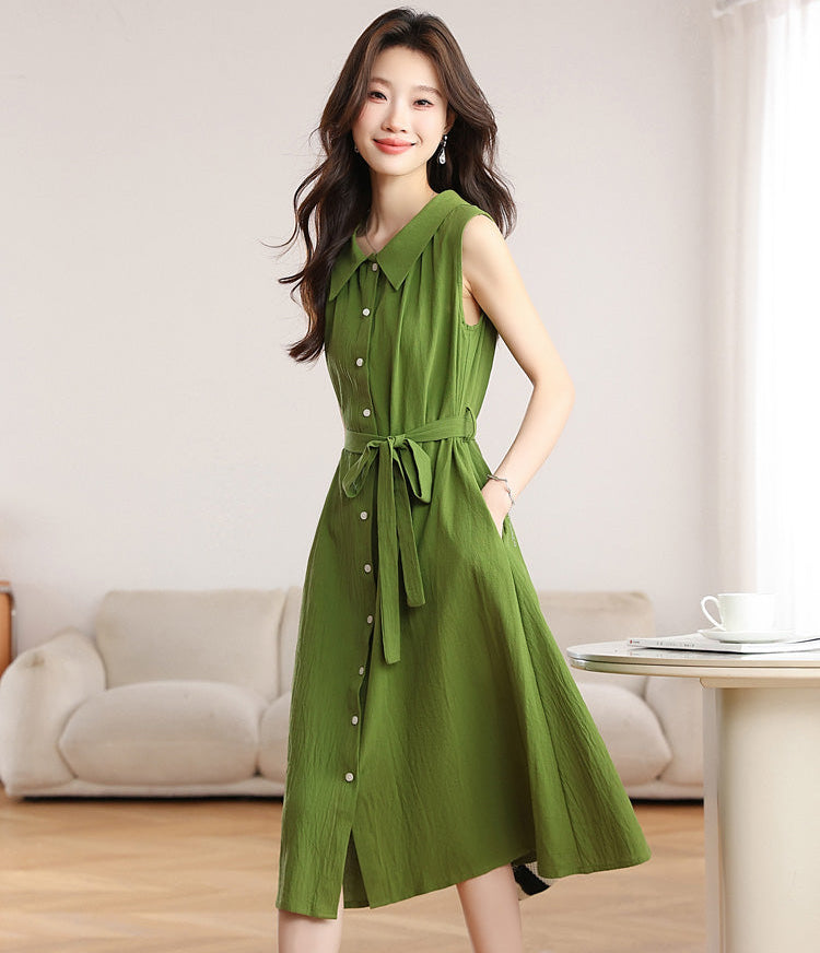 Olive Green Belted A-Line Shirt Dress