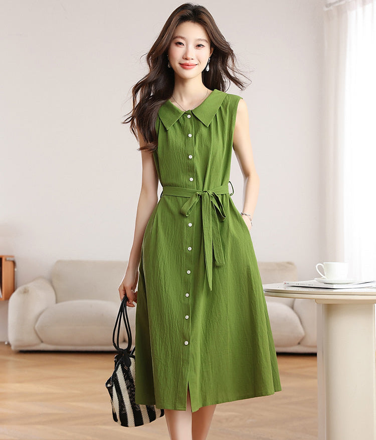 Olive Green Belted A-Line Shirt Dress