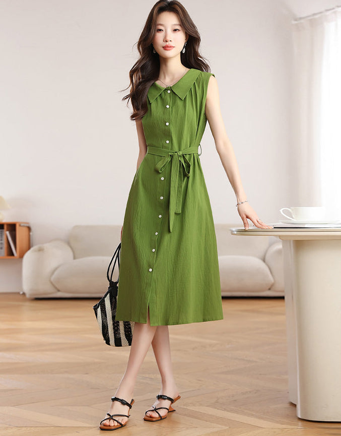 Olive Green Belted A-Line Shirt Dress