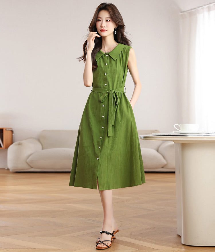 Olive Green Belted A-Line Shirt Dress