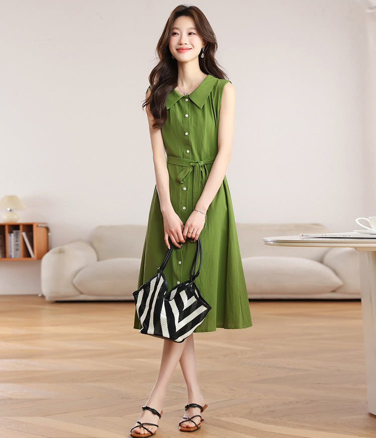 Olive Green Belted A-Line Shirt Dress