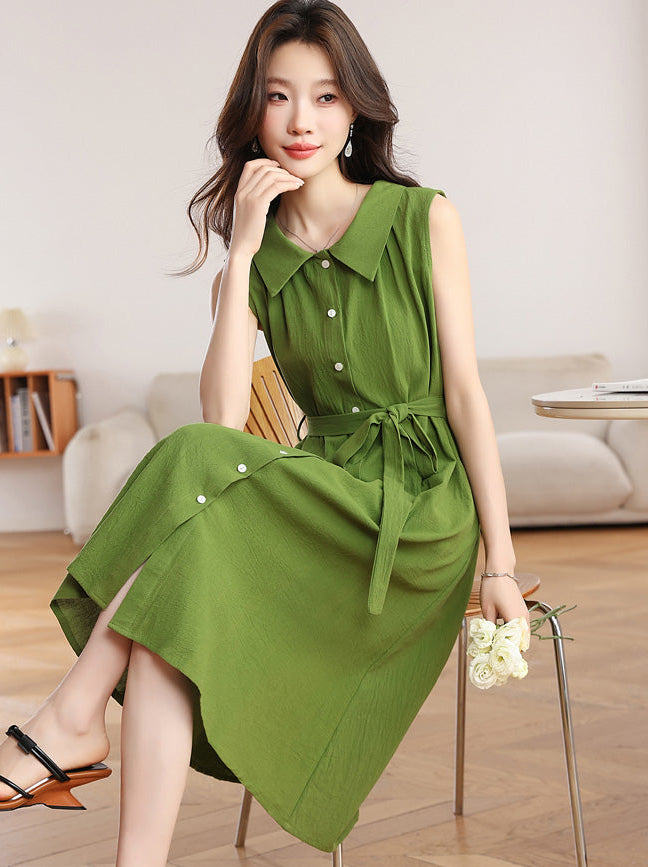 Olive Green Belted A-Line Shirt Dress