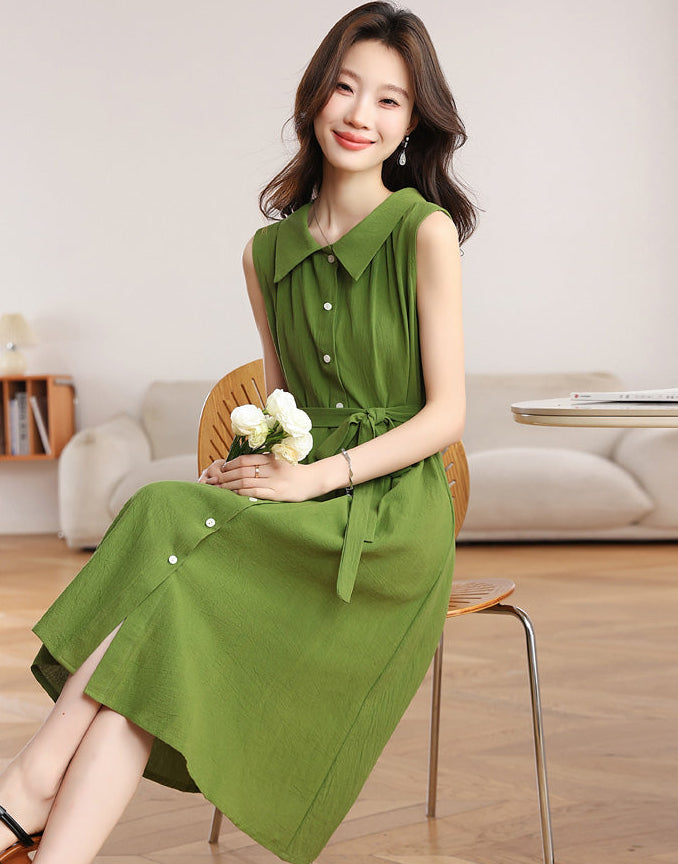 Olive Green Belted A-Line Shirt Dress