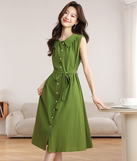 Olive Green Belted A-Line Shirt Dress