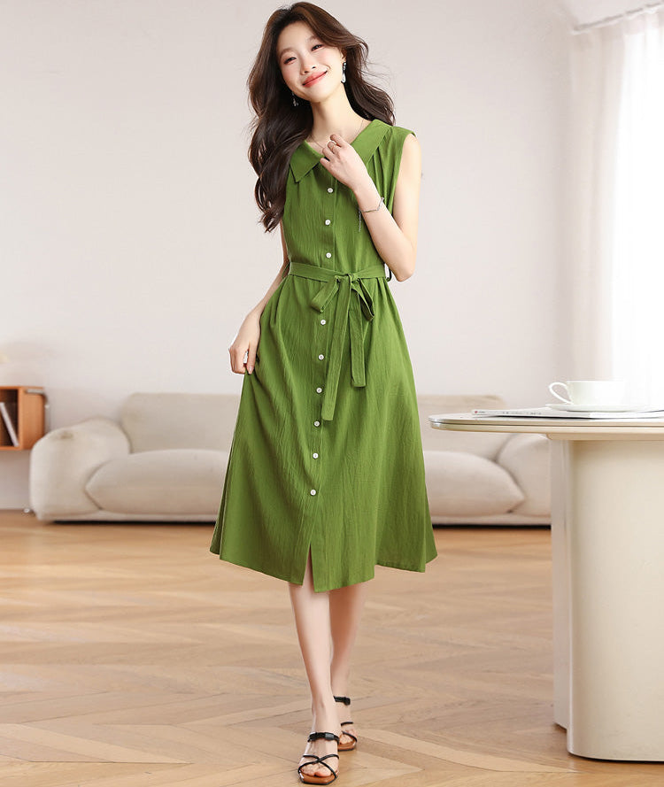 Olive Green Belted A-Line Shirt Dress