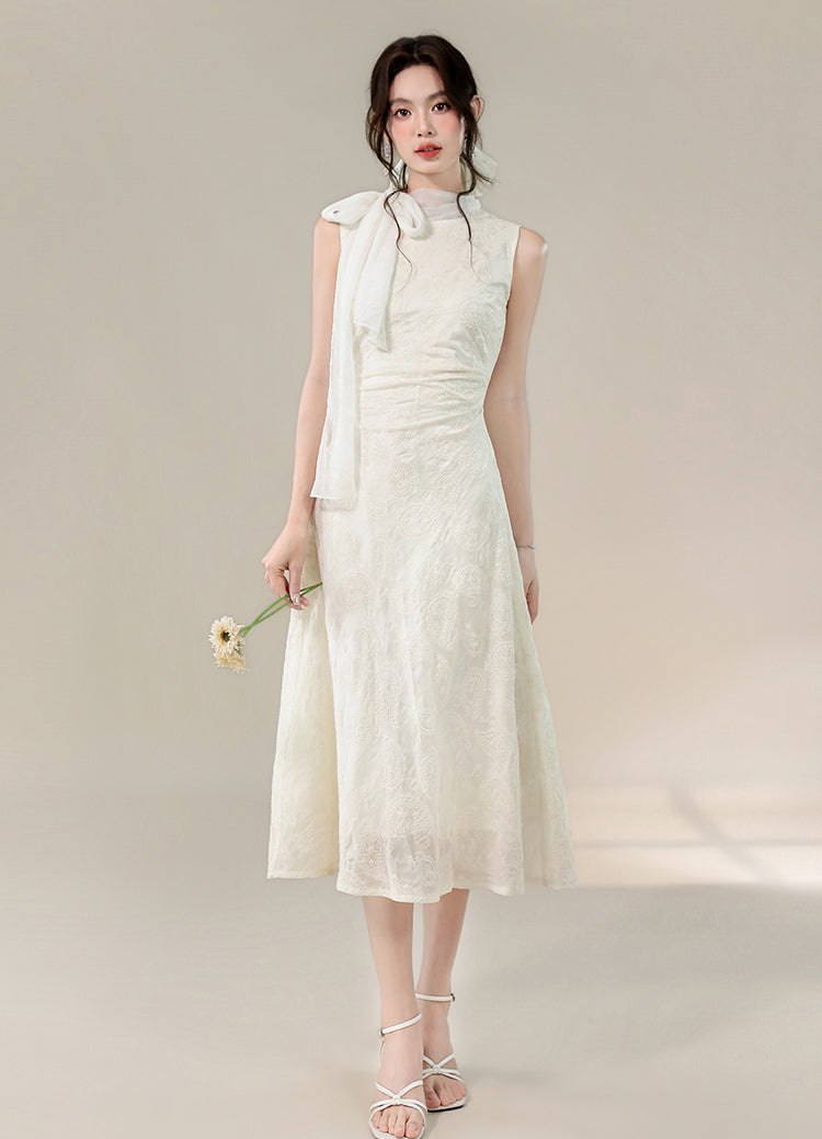 Sleeveless Mock Neck Bow A-Line Dress